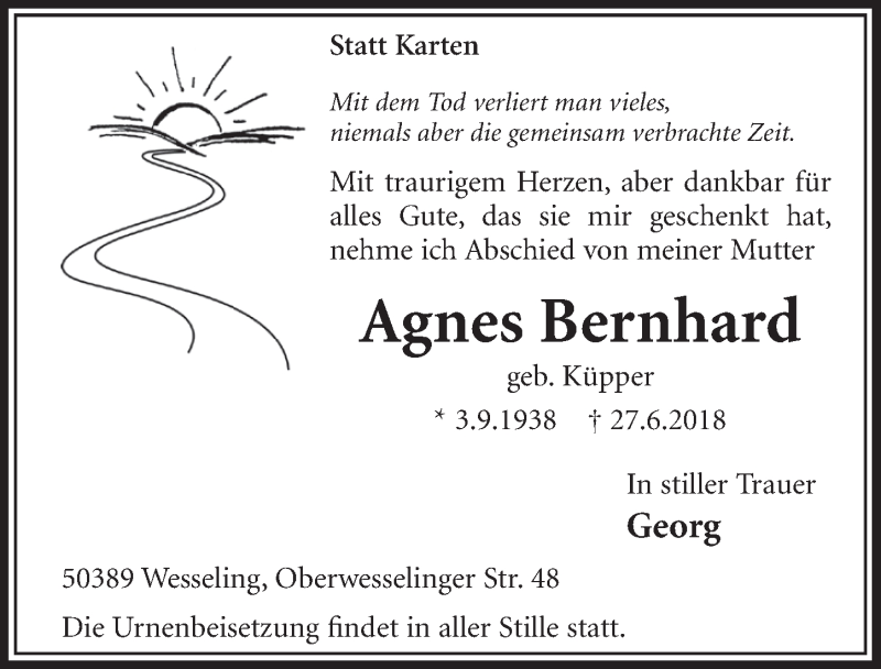  Traueranzeige für Agnes Bernhard vom 04.07.2018 aus  Schlossbote/Werbekurier 