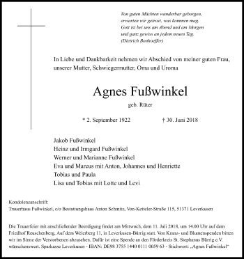 Anzeige von Agnes Fußwinkel von SLE