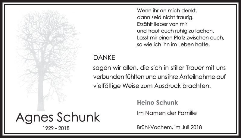  Traueranzeige für Agnes Schunk vom 11.07.2018 aus  Schlossbote/Werbekurier 
