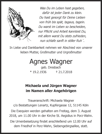 Anzeige von Agnes Wagner von  Kölner Wochenspiegel 