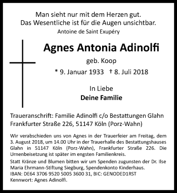 Anzeige von Agnes Antonia Adinolfi von  Kölner Wochenspiegel 