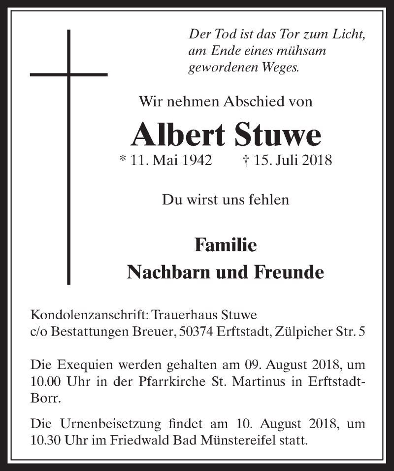  Traueranzeige für Albert Stuwe vom 01.08.2018 aus  Werbepost 