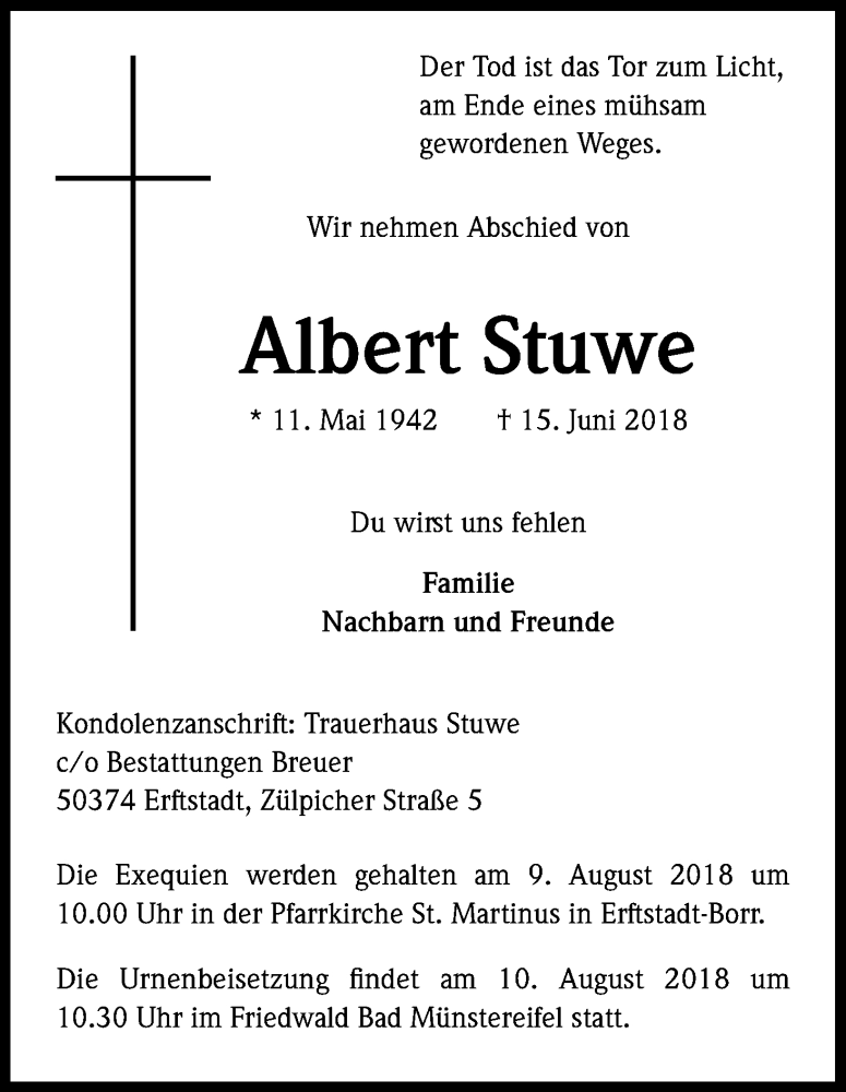  Traueranzeige für Albert Stuwe vom 25.07.2018 aus KL