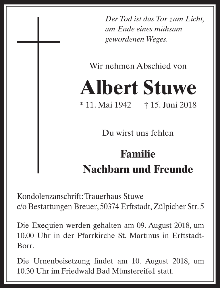  Traueranzeige für Albert Stuwe vom 25.07.2018 aus  Werbepost 