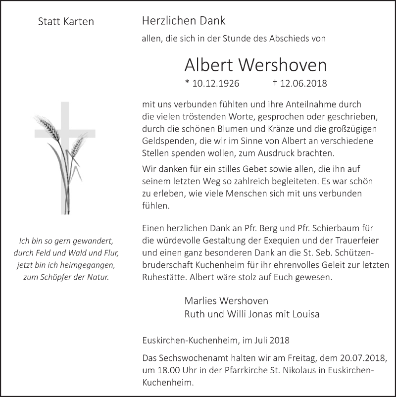  Traueranzeige für Albert Wershoven vom 14.07.2018 aus  Blickpunkt Euskirchen 