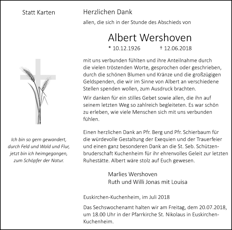  Traueranzeige für Albert Wershoven vom 14.07.2018 aus EN