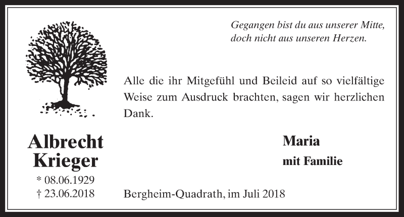  Traueranzeige für Albrecht Krieger vom 18.07.2018 aus  Werbepost 