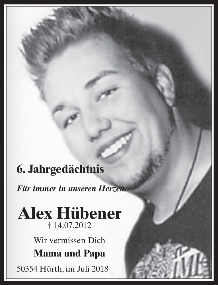  Traueranzeige für Alex Hübener vom 11.07.2018 aus  Wochenende 