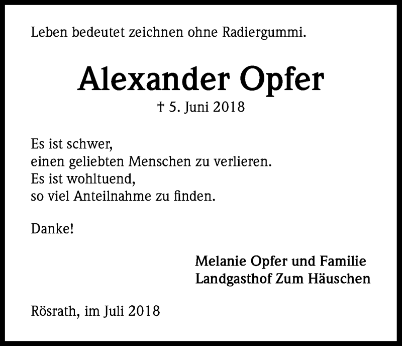  Traueranzeige für Alexander Opfer vom 21.07.2018 aus RB