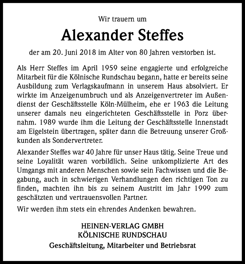 Traueranzeige für Alexander Steffes vom 07.07.2018 aus GS
