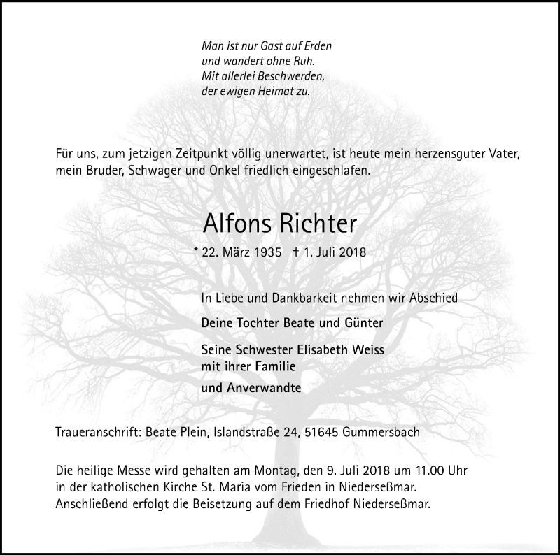  Traueranzeige für Alfons Richter vom 07.07.2018 aus OB