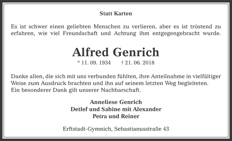  Traueranzeige für Alfred Genrich vom 25.07.2018 aus  Werbepost 