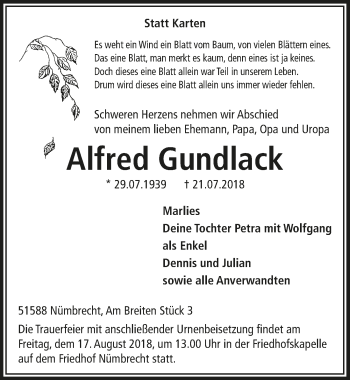Anzeige von Alfred Gundlack von  Lokalanzeiger 