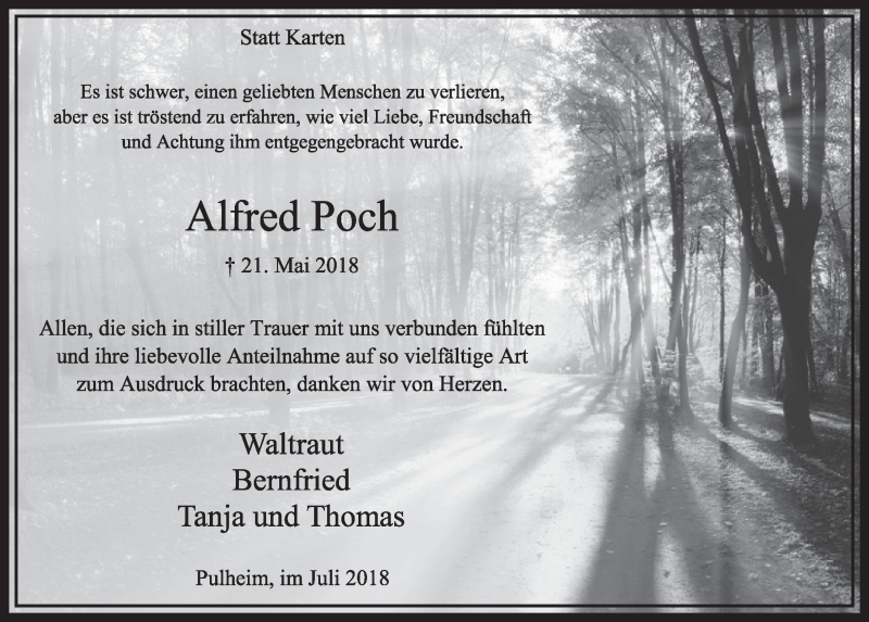  Traueranzeige für Alfred Poch vom 14.07.2018 aus  Sonntags-Post 