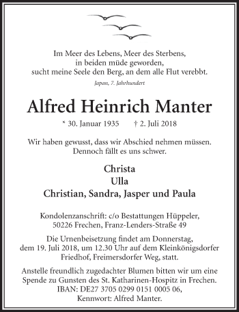 Anzeige von Alfred Heinrich Manter von  Sonntags-Post 