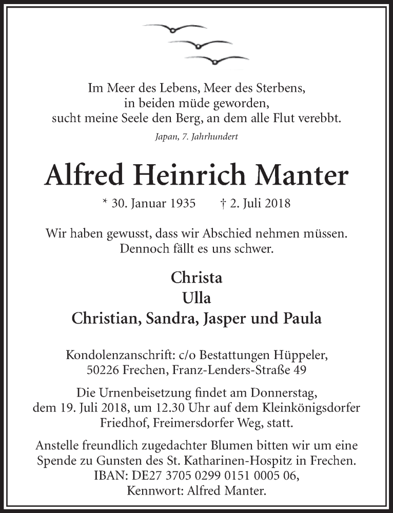  Traueranzeige für Alfred Heinrich Manter vom 14.07.2018 aus  Sonntags-Post 