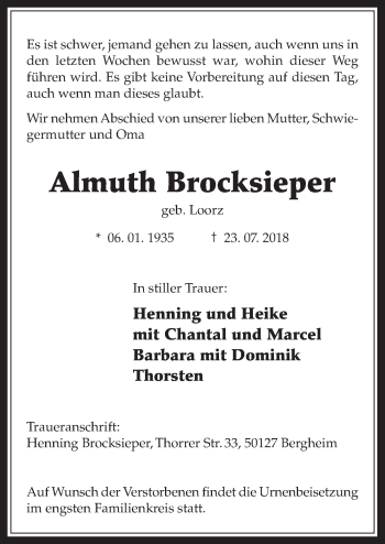 Anzeige von Almuth Brocksieper von  Werbepost 