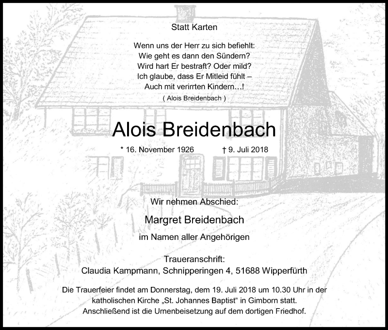  Traueranzeige für Alois Breidenbach vom 14.07.2018 aus OB