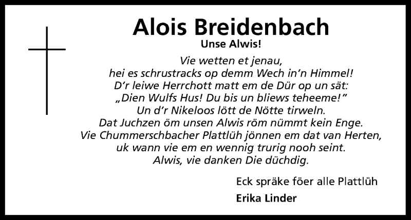  Traueranzeige für Alois Breidenbach vom 19.07.2018 aus OB