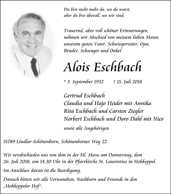 Anzeige von Alois Eschbach von RB