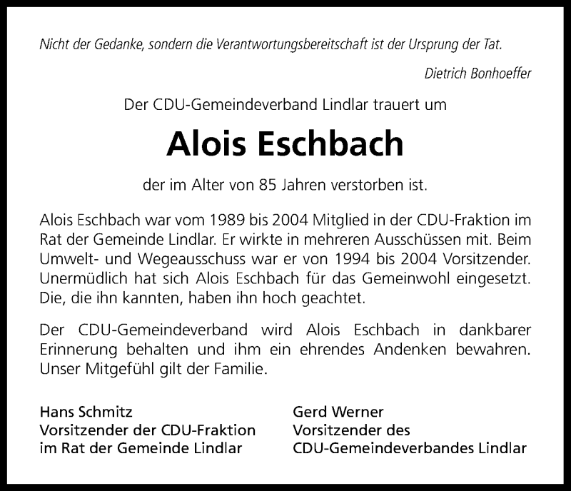  Traueranzeige für Alois Eschbach vom 26.07.2018 aus RON