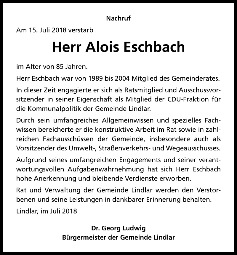  Traueranzeige für Alois Eschbach vom 27.07.2018 aus RON