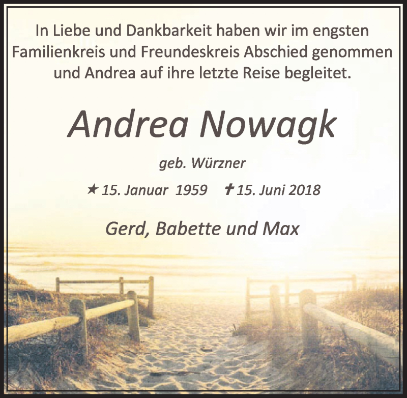  Traueranzeige für Andrea Nowagk vom 11.07.2018 aus  Schlossbote/Werbekurier 
