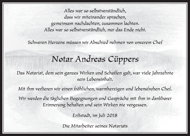  Traueranzeige für Andreas Cüppers vom 18.07.2018 aus  Werbepost 
