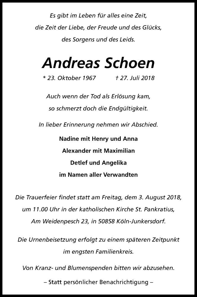  Traueranzeige für Andreas Schoen vom 01.08.2018 aus Kölner Stadt-Anzeiger / Kölnische Rundschau / Express