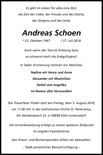 Anzeige von Andreas Schoen von Kölner Stadt-Anzeiger / Kölnische Rundschau / Express