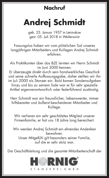 Anzeige von Andrej Schmidt von  Blickpunkt Euskirchen 