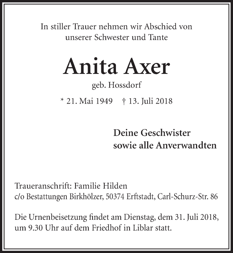  Traueranzeige für Anita Axer vom 28.07.2018 aus  Sonntags-Post 