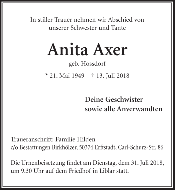 Anzeige von Anita Axer von  Sonntags-Post 