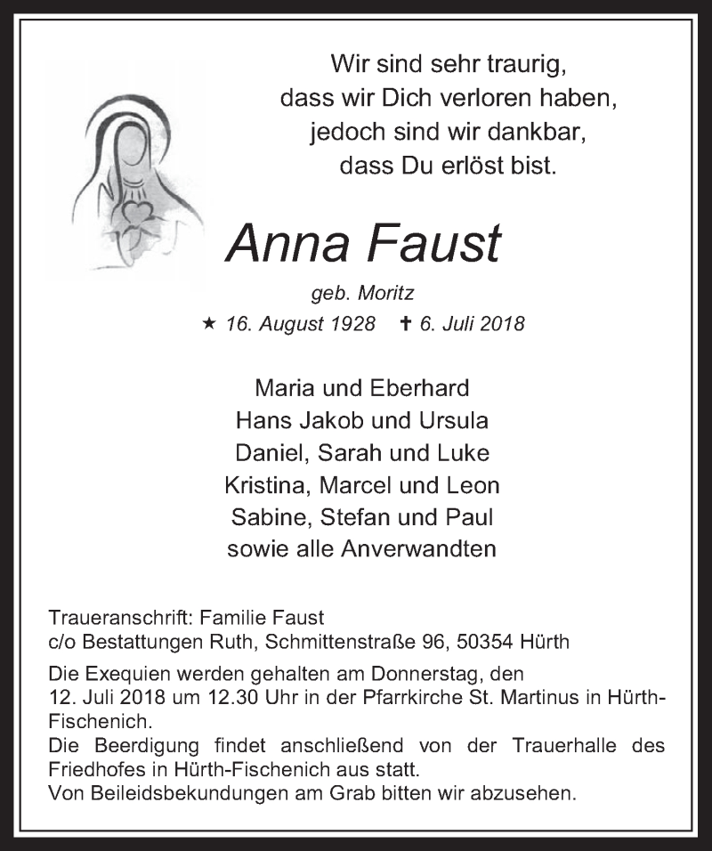  Traueranzeige für Anna Faust vom 11.07.2018 aus  Wochenende 