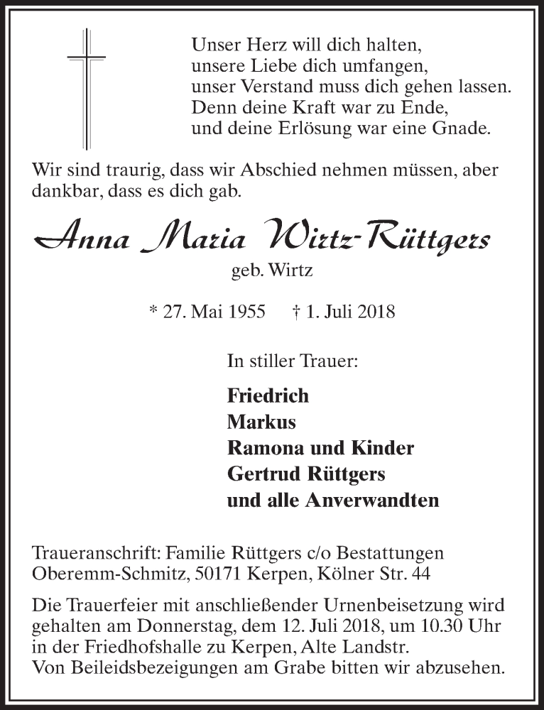  Traueranzeige für Anna-Maria Wirtz-Rüttgers vom 07.07.2018 aus  Sonntags-Post 