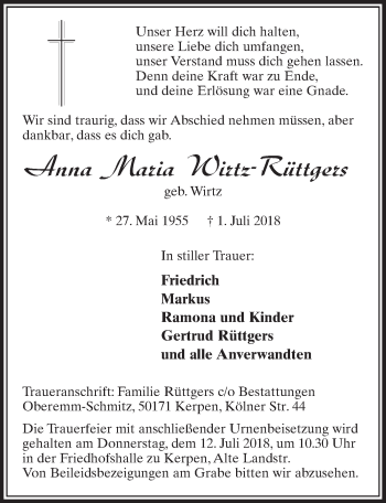 Anzeige von Anna-Maria Wirtz-Rüttgers von  Sonntags-Post 