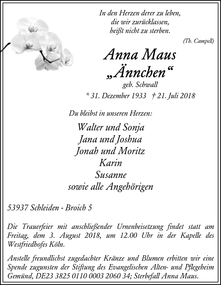  Traueranzeige für Anna Maus vom 28.07.2018 aus GS