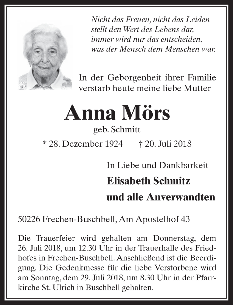  Traueranzeige für Anna Mörs vom 25.07.2018 aus  Wochenende 
