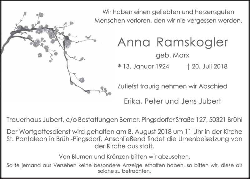  Traueranzeige für Anna Ramskogler vom 01.08.2018 aus  Schlossbote/Werbekurier 