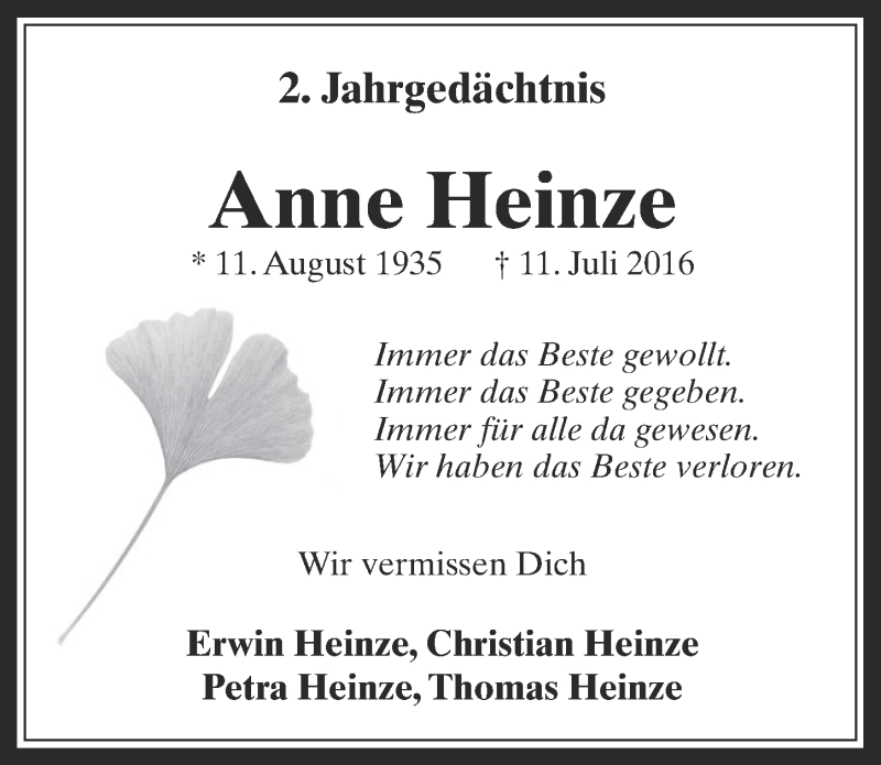  Traueranzeige für Anne Heinze vom 11.07.2018 aus  Werbepost 