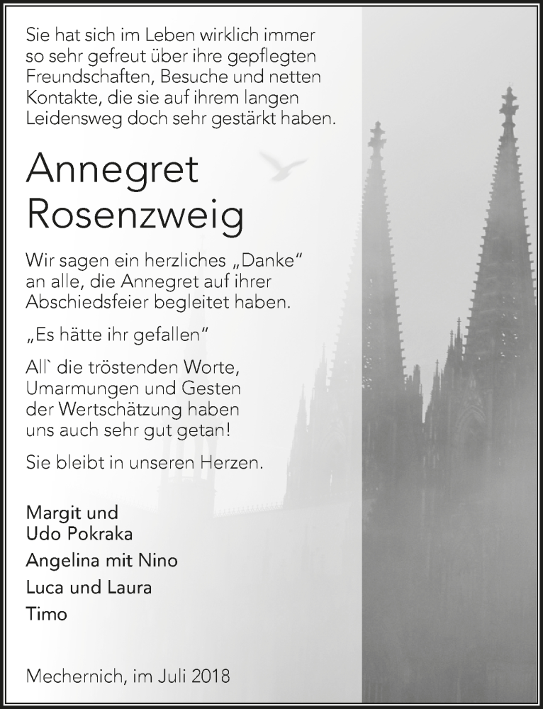  Traueranzeige für Annegret Rosenzweig vom 21.07.2018 aus  Blickpunkt Euskirchen 