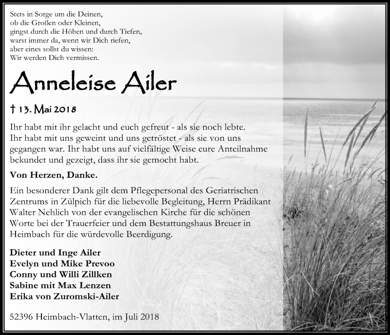  Traueranzeige für Anneleise Ailer vom 21.07.2018 aus  Blickpunkt Euskirchen 