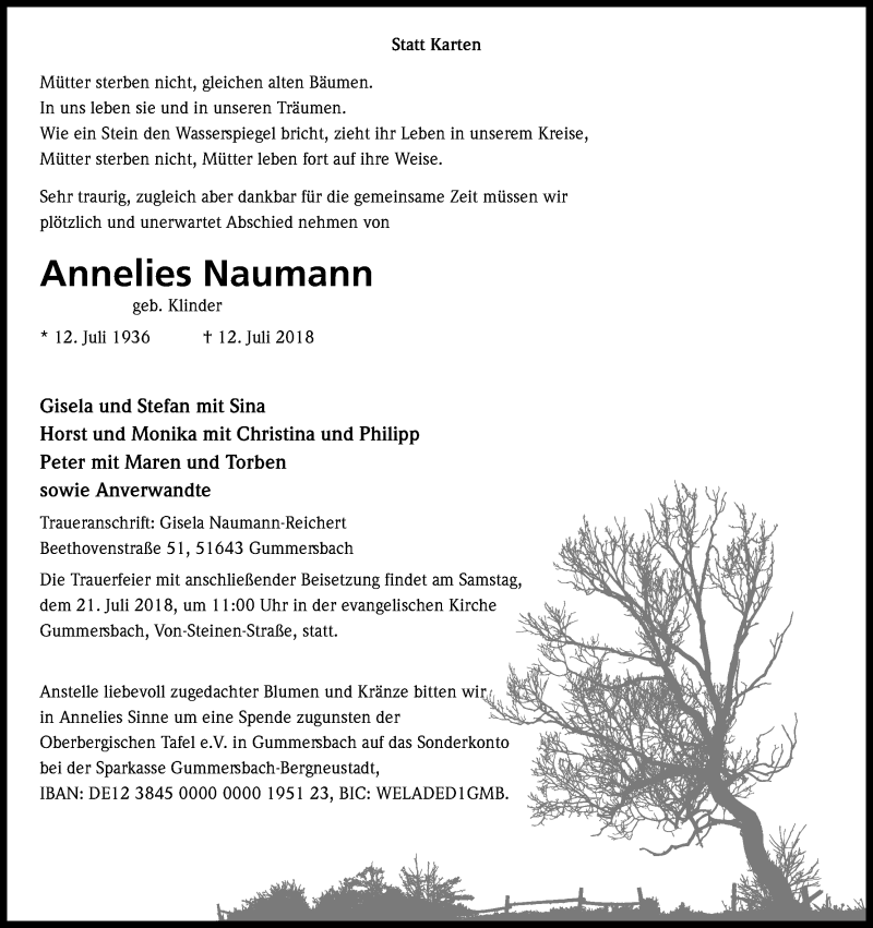  Traueranzeige für Annelies Naumann vom 17.07.2018 aus Köln - Wir Trauern