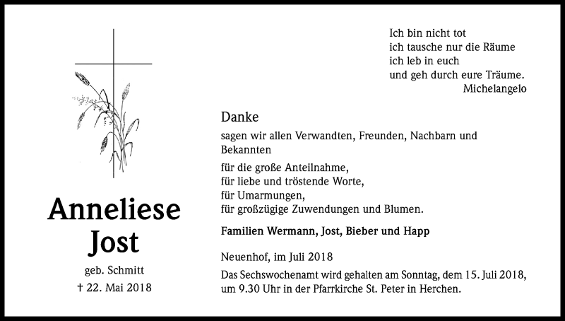  Traueranzeige für Anneliese Jost vom 07.07.2018 aus HS