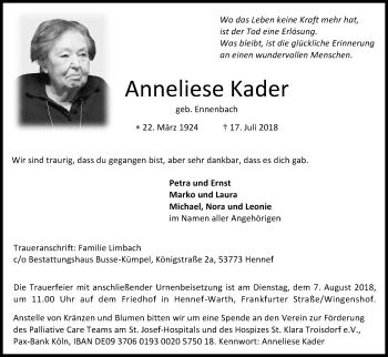 Anzeige von Anneliese Kader von HS
