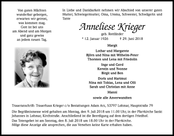Anzeige von Anneliese Krieger von HS