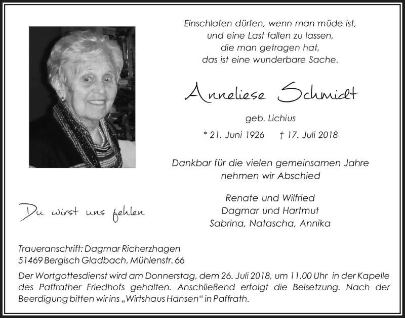  Traueranzeige für Anneliese Schmidt vom 25.07.2018 aus  Bergisches Handelsblatt 