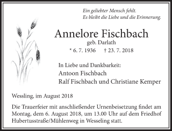 Anzeige von Annelore Fischbach von  Schlossbote/Werbekurier 