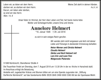 Anzeige von Annelore Helmert von  Lokalanzeiger 