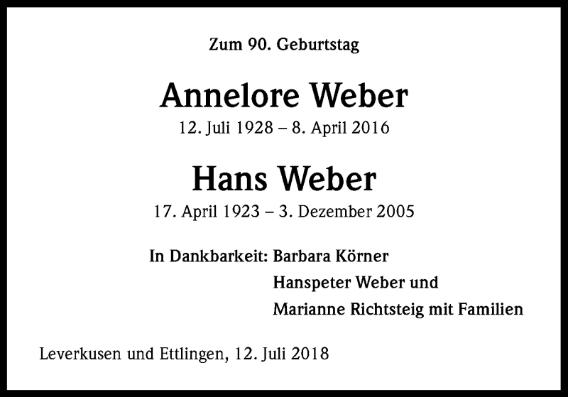  Traueranzeige für Annelore Weber vom 12.07.2018 aus SLE